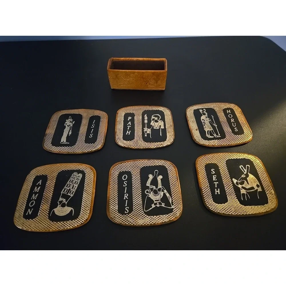 Vintage Egyptian Coasters Set of 6 Golden Leather with Embossed Holder Bareware